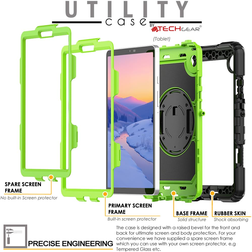 TECHGEAR UTILITY Etui pasuje do Samsung Galaxy Tab A9 22.1 cm (SM-X110 / SM-X115), wytrzymałe, wytrzymałe etui odporne na wstrząsy, z obrotowym stojakiem 360, paskiem na rękę i paskiem na ramię,
