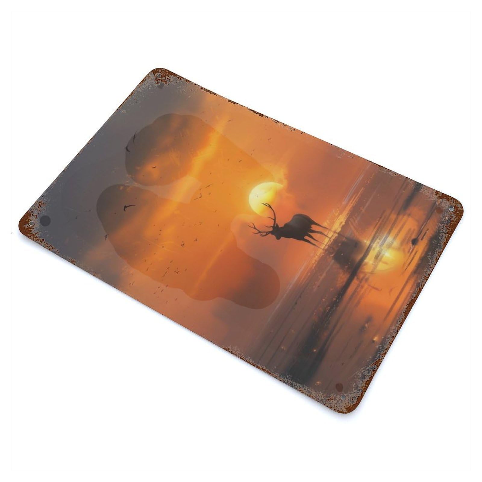Rust Effect Deer Silhouette at Sunset Rusty Metal Tin Sign 11.8"x7.9", Old School Wall Decor for Farmhouse, Kitchen And Entryway Decor