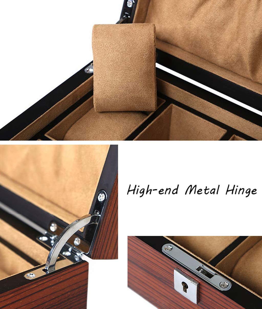 Caja de reloj de madera con tapa de vidrio para 12 relojes Caja de almacenamiento de joyería de lujo Bandeja de pulsera con 12 almohadas de almacenamiento extraíbles y hebilla de metal con cerradura