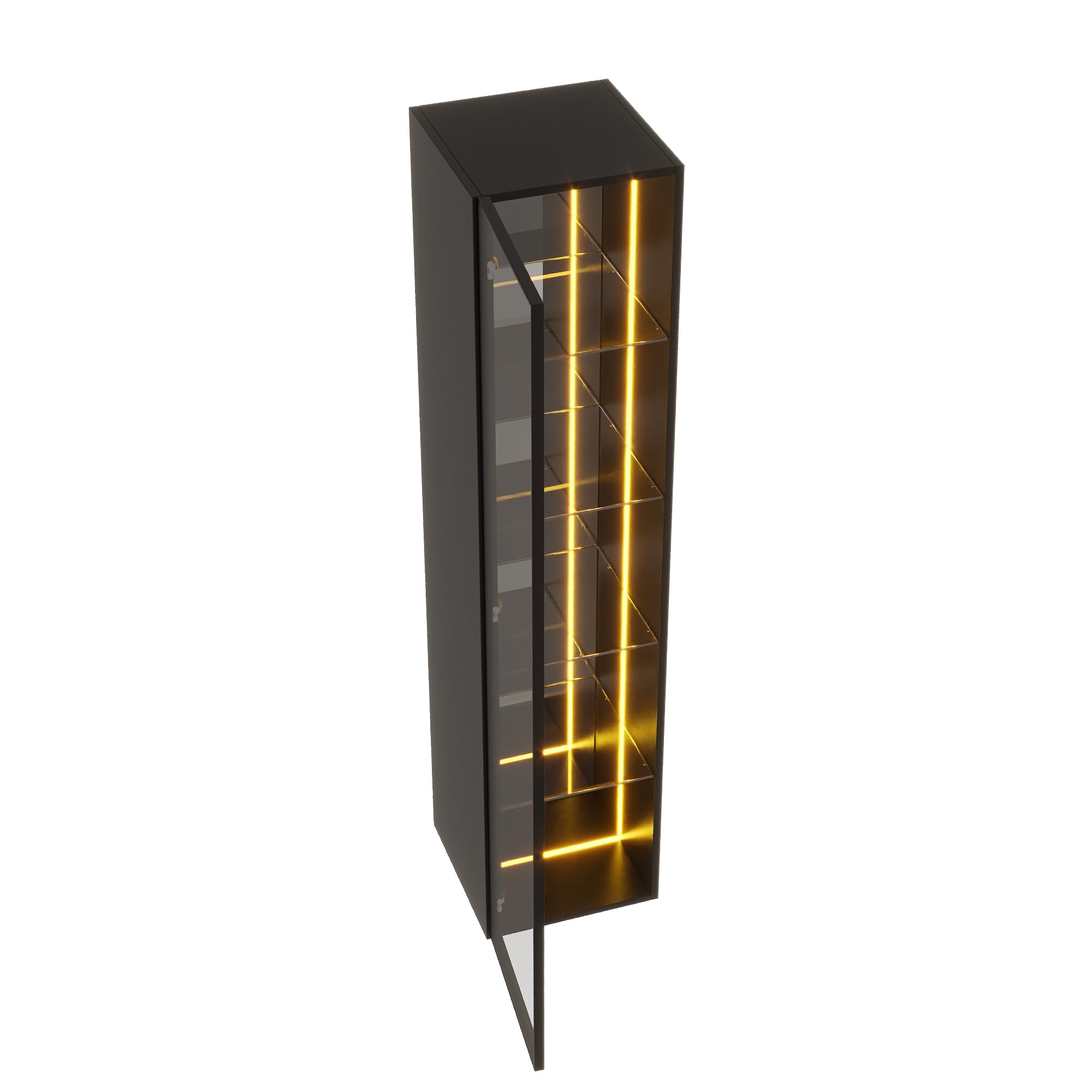 BTM Glasvitrine mit LED Beleuchtung, Aluminiumrahmentür Vitrinenschrank Stehend Wohnzimmer Vitrine Schmal Schwarz 5 Fächer