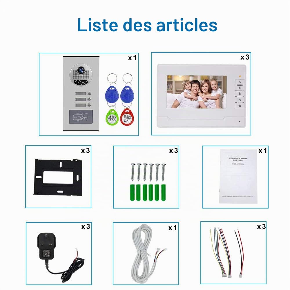 KDL Accueil Interphone Vidéo RFID de 7 Pouces Système de Porte Téléphonique 3 Moniteurs avec 1 Caméra avec Vision Nocturne Infrarouge pour Multi Appartements/Bâtiment Bas avec Porte-clés 125KHz