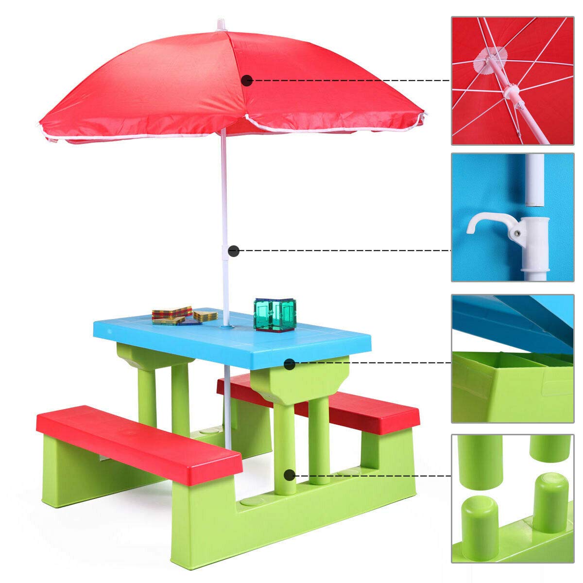Kid Picnic Table Chair with Umbrella 4 Seat Garden Bench Children Outdoor Patio Garden Backyard Front yard Furniture Utility Easy Storage Light Weight Trip Party Event Home Camp Playground Park