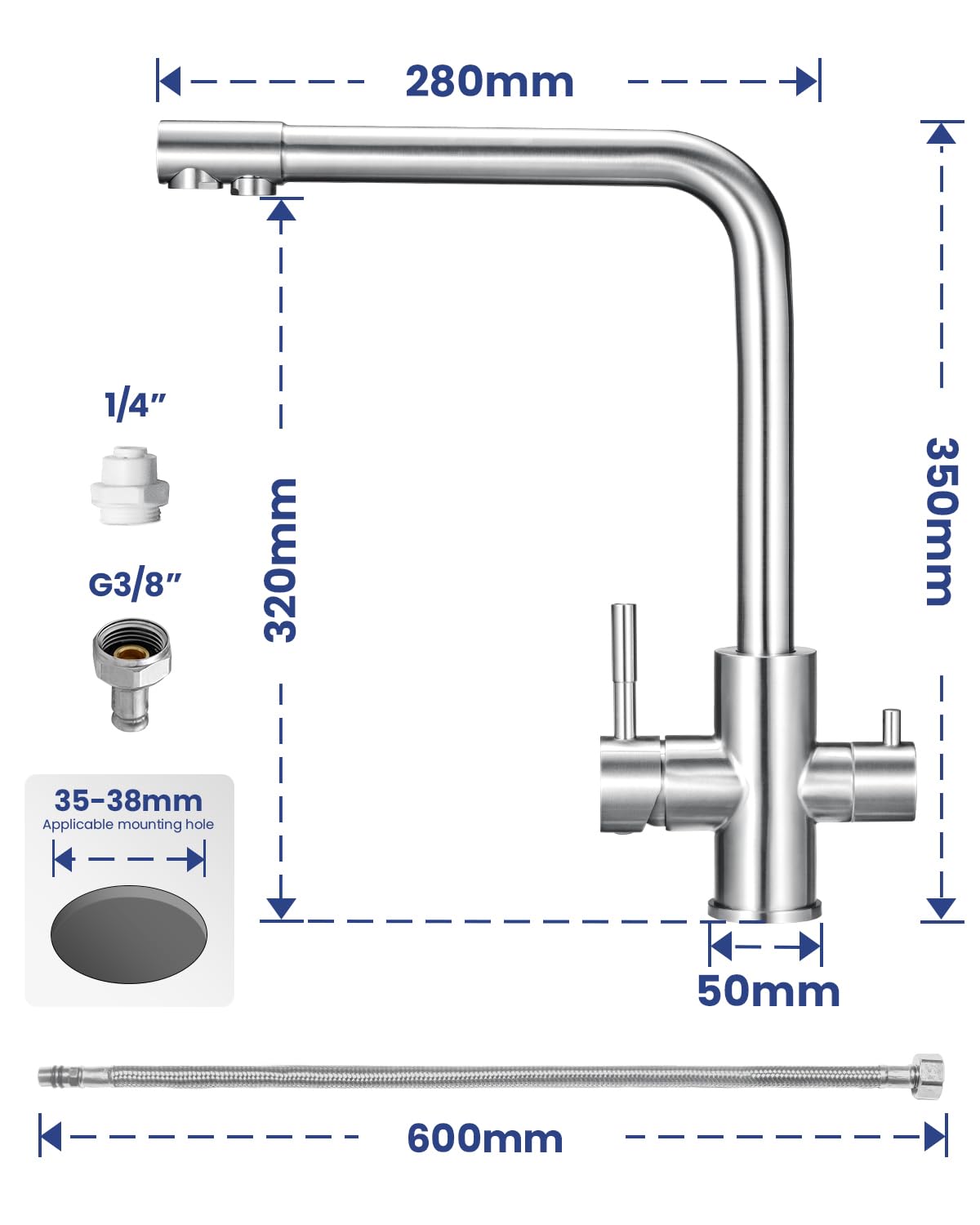 Grifo Cocina 3 Vías, Grifo Osmosis con 2 Palancas, Grifo de Cocina Fregadero con Agua Fría y Caliente y Agua Filtrada, Acero Inoxidable Cepillado, Giratorio 360°（Sin Purificador de Agua）