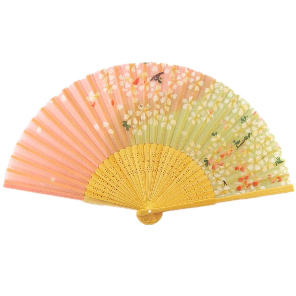 FuzzyGreen Simple Folding Fan, Folding Fan Elegant Cherry Blossoms on Pink and Green Pattern Silk Handheld Folding Fans Asian