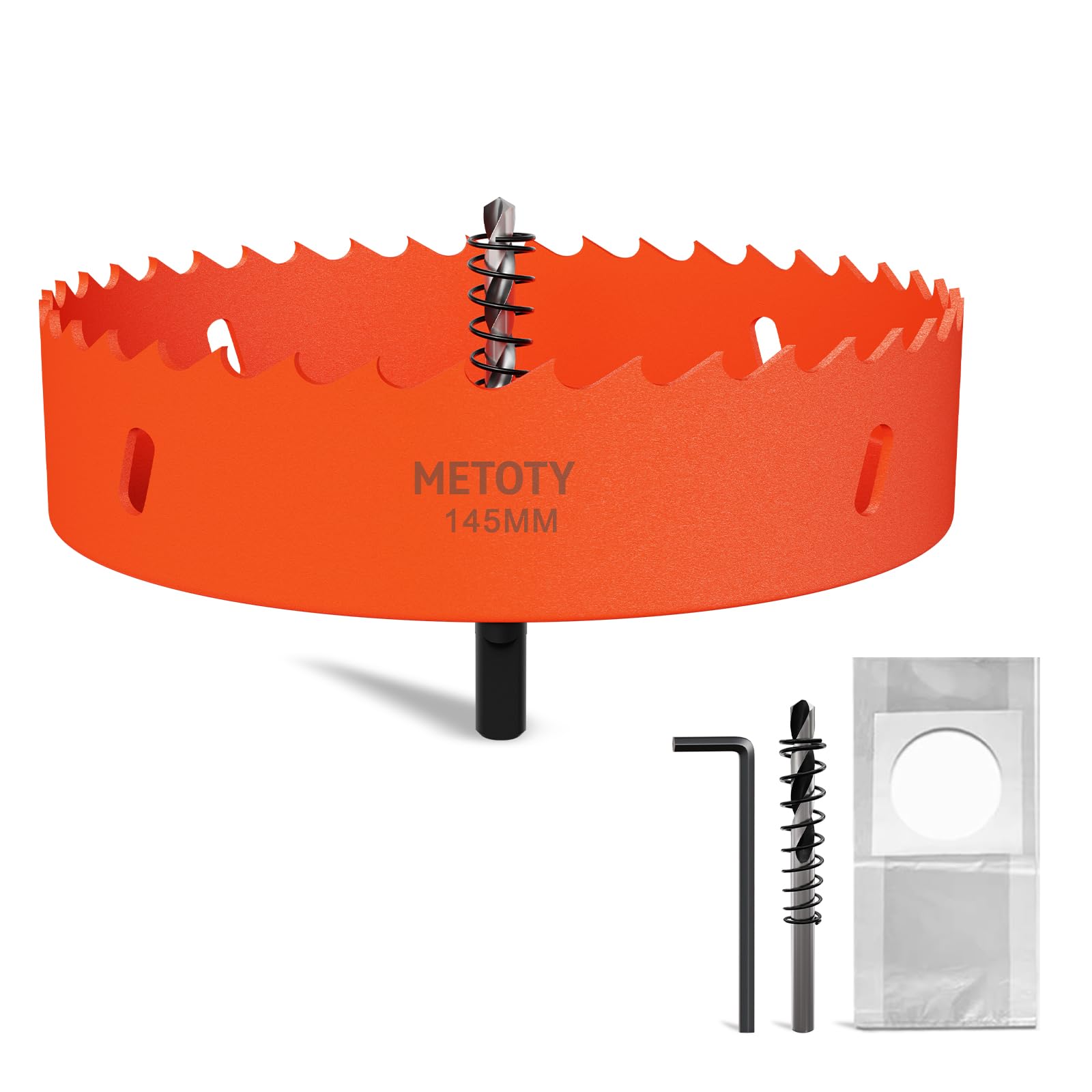 METOTY 145mm Bi-Metal Hole Saw,Universal HSS M42 Hole Saws,with Triangular Shaft Adapter and Centring Drill, One Free Dust Bag for Aluminum, Metals, Plastics, Acrylic Glass, Wood, Gypsum board