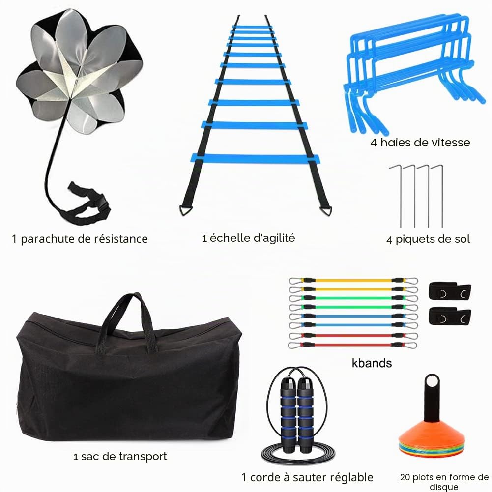 Set d'entraînement de football, set d'accessoires d'entraînement de football, Agility Speed Ladder, échelle de coordination de 5m, 10 x cônes pour slalom, parachute de résistance, corde à sauter