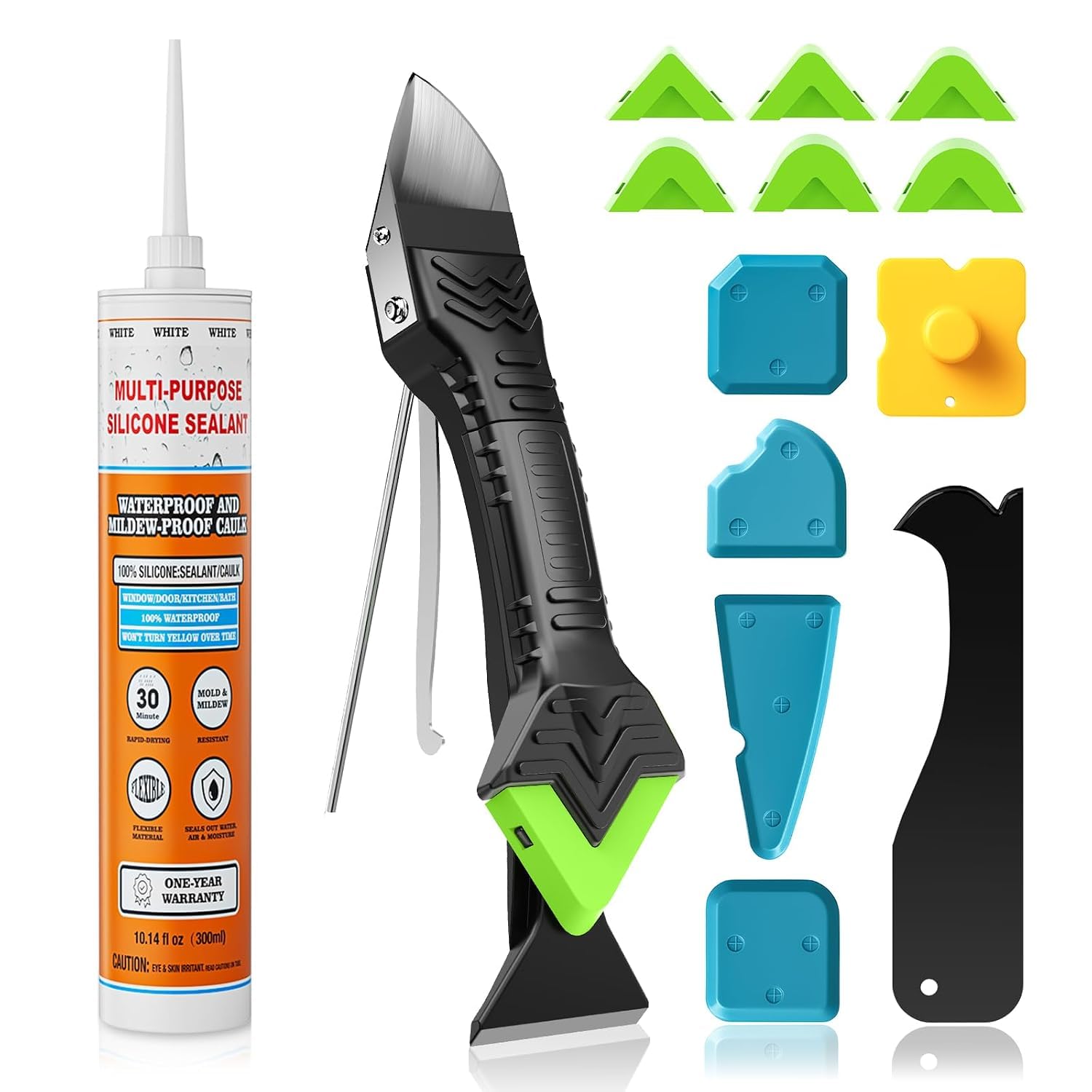 White Waterproof Silicone Caulk Sealant & 5-in-1 Caulking Tool Kit