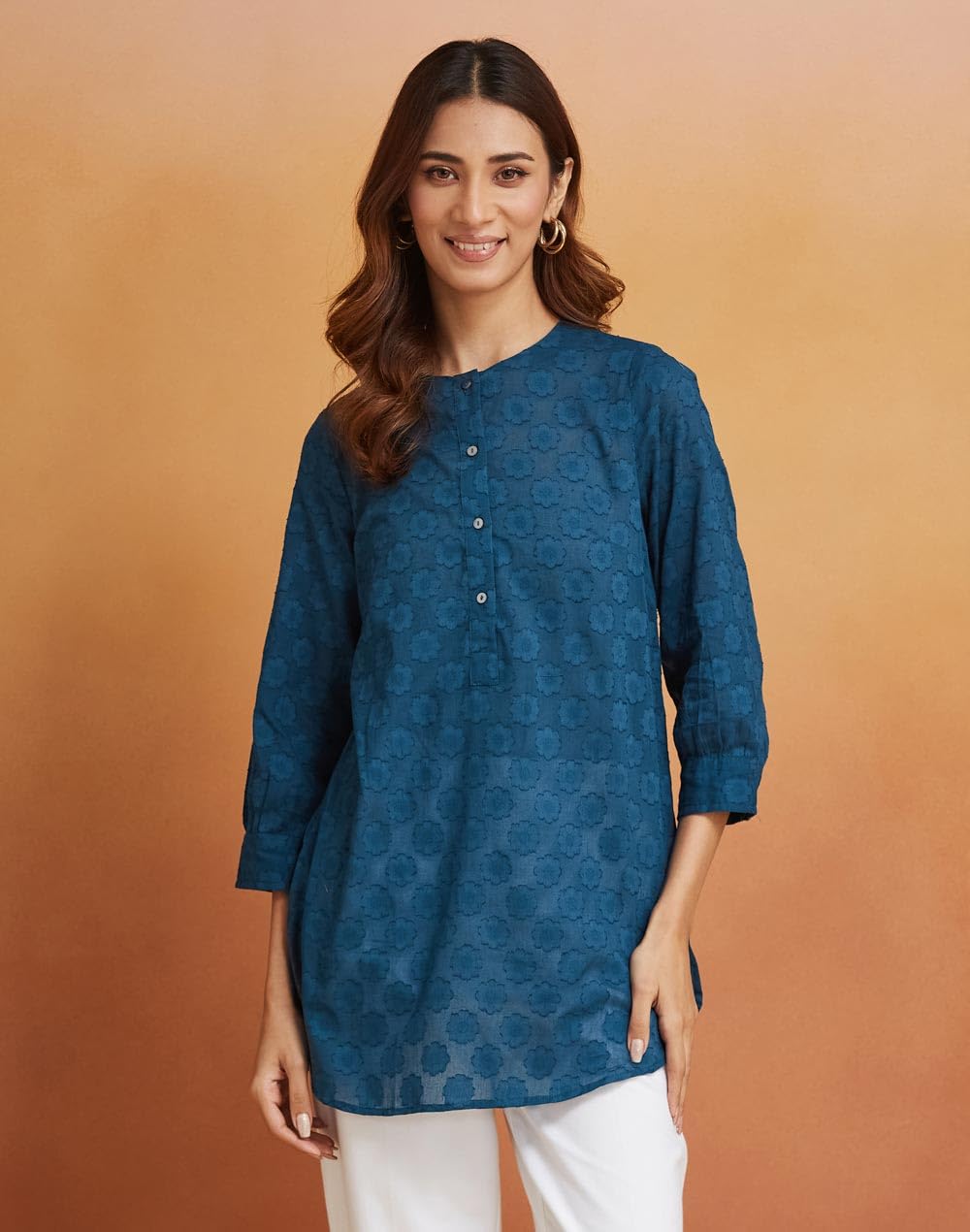 Fabindia Women's Dobby Regular Fit Tunic (1038749Blue_Blue