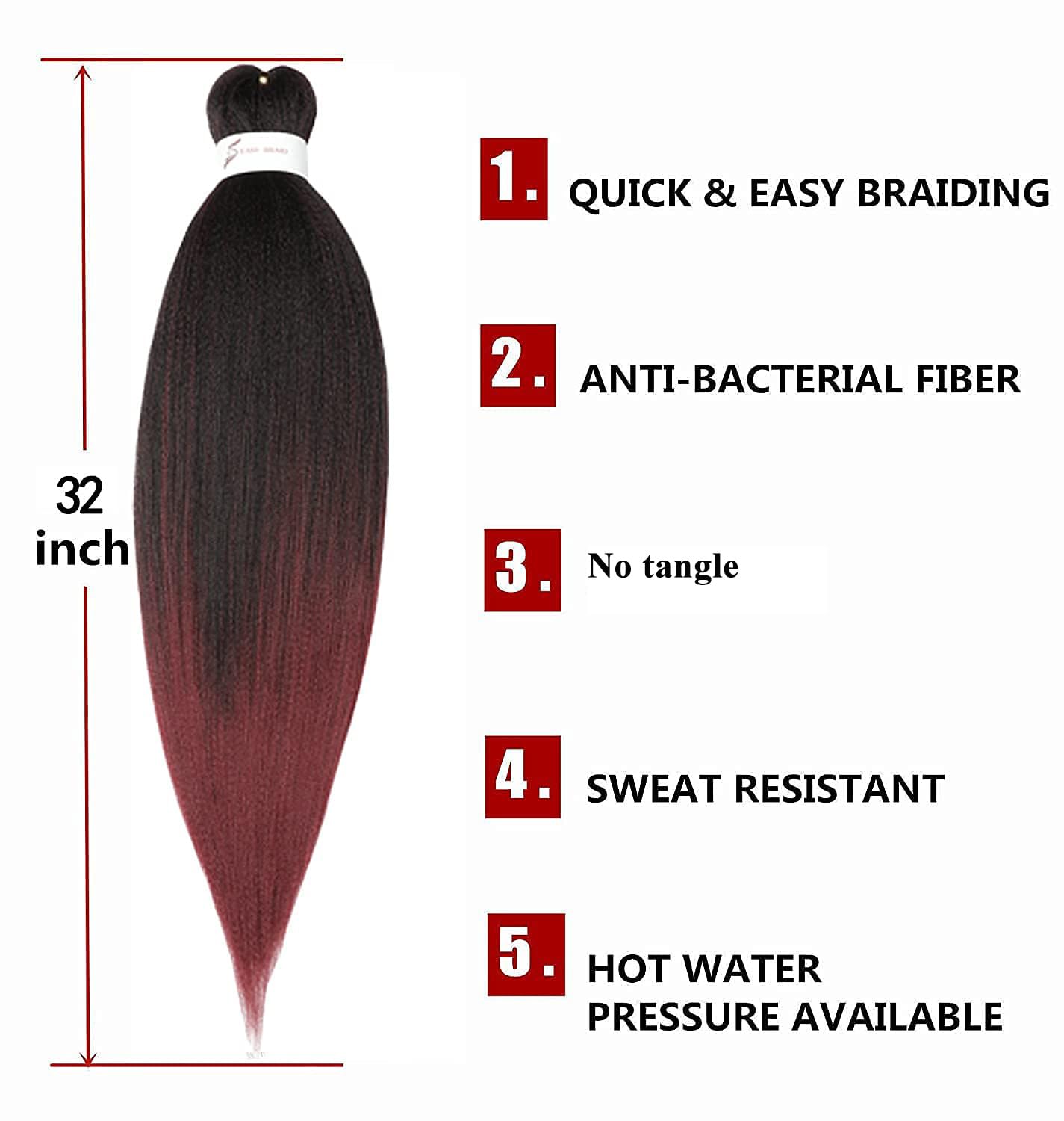 8 paquetes de extensiones de cabello sintético profesional trenzado de ganchillo de 32 pulgadas, textura Yaki suave, ajuste de agua caliente, color negro natural degradado a borgoña (32 pulgadas, 1B