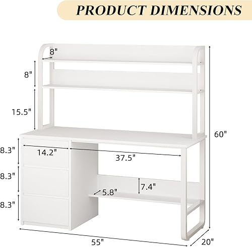 Miniatura 2 de Escritorio blanco con gabinete, escritorio de computadora de 60 pulgadas con 3 cajones para dormitorio, escritorio de estudio con estantes para