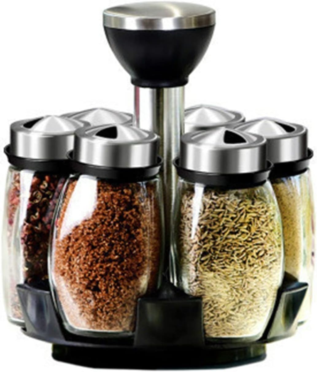 ingminGDi Revolving Spice Rack Organizer Seasoning Tool Glass Sugar Bowl Salt Jar Kitchen Gadget Label Sticker Spices Storage Box Jars