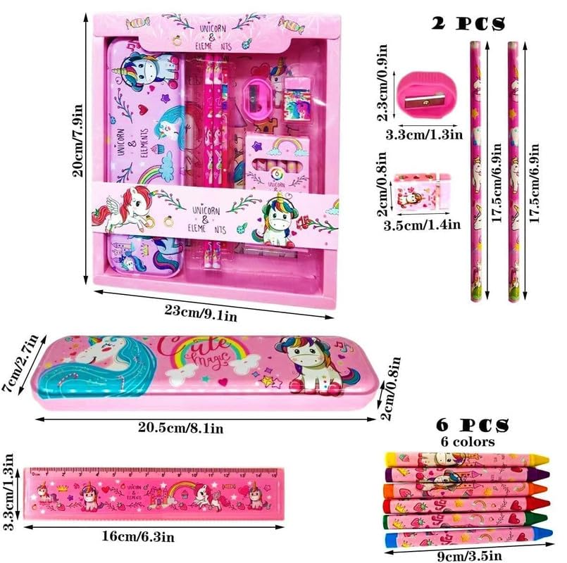 Image of Unicorn Stationary Kit with 1 Pencil Box Case 2 Pencils 6 Crayon Colors 2 Space Gel Pen 1 Ruler Scale Eraser Sharpener Kit for Kids (Character As Per Available)
