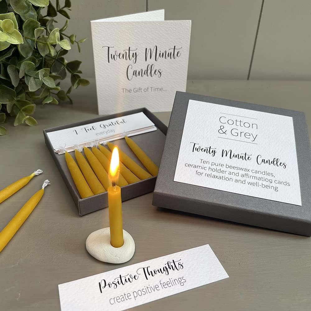Twenty Minute Candles with Affirmation Cards. 12 x Twenty Minute Candles with a Ceramic Holder for Relaxation Meditation