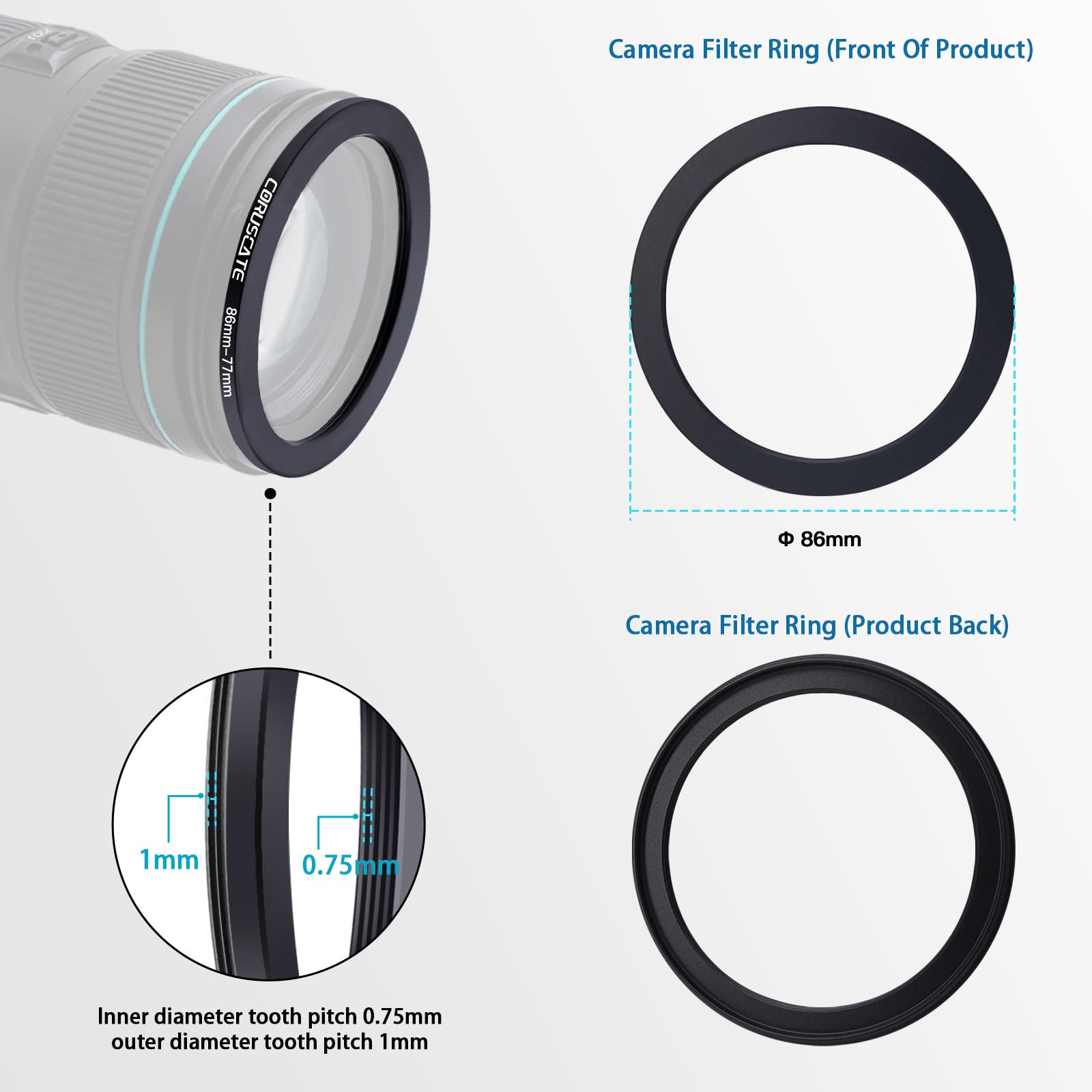 3Pcs 86-82mm/86-77mm/86-95mm Filter Ring Adapter,Metal Step Down Ring for All Brands Camera Accessory(for UV,CPL,ND,Threaded Lens Hood)