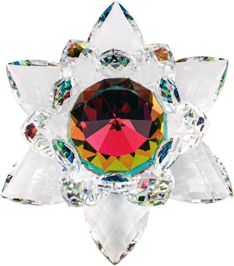 Amlong CrystalAmlong Crystal Hue Reflection Crystal Lotus Flower with Gift Box, Rainbow Color, 4 Inch