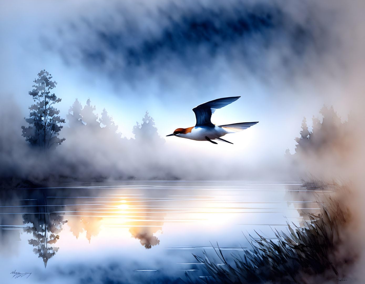 Toile oiseau volant au-dessus de l'eau impression art