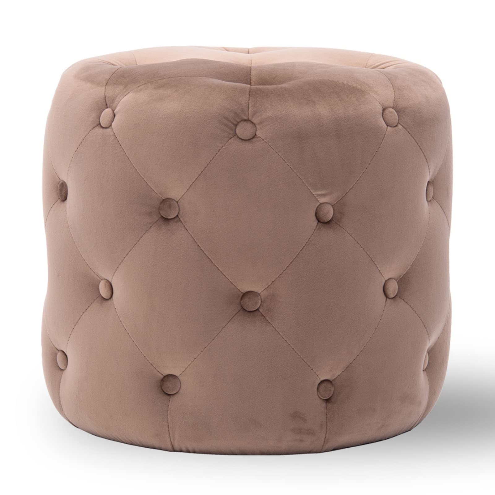Round Tufted Velvet Ottoman,Modern Solid Wood Frame Foot Rest Stool for Living Room Hosting Room Bedroom,Upholstered Comfy Foot Stool-Camel 45x45x41cm(18x18x16inch)
