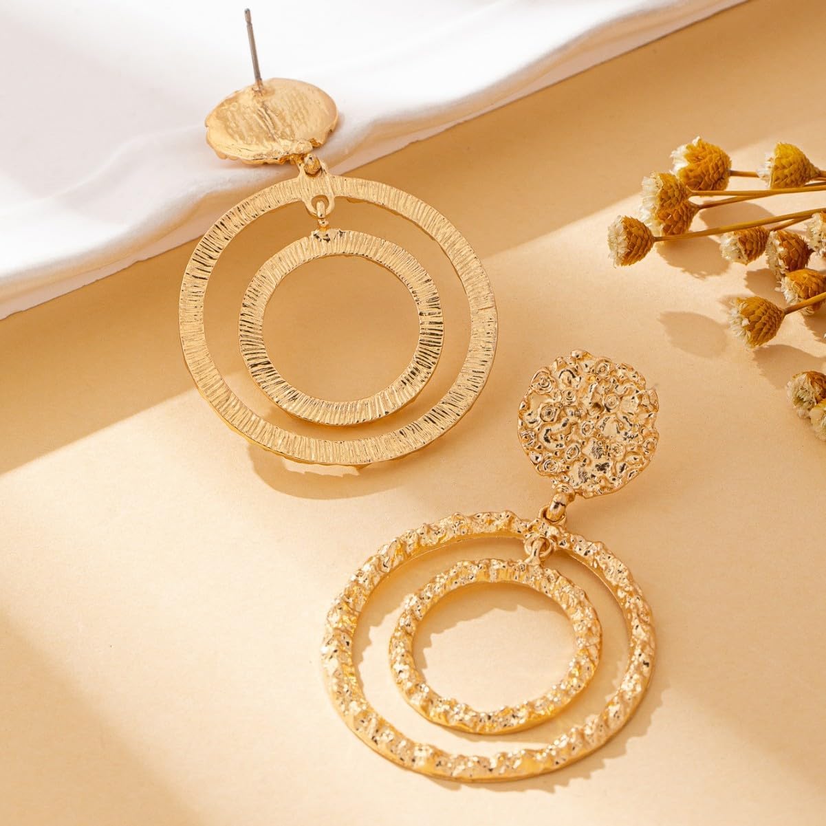Double Round Hoop Earrings for Women Hammered Large Circle Dangle Earrings Gold Plated Textured Drop Dangle Earring Trendy Jewelry Gift - Image 4