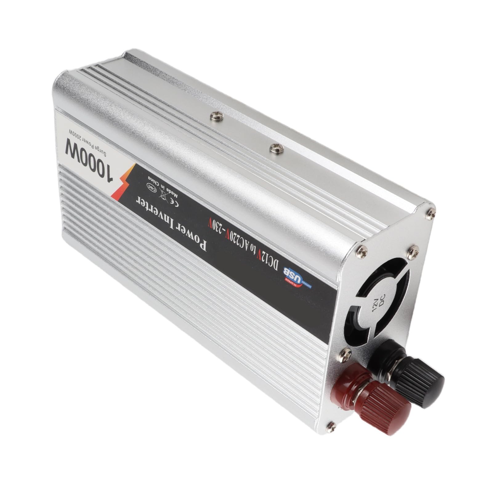 Fabater Falownik Samochodowy 1000 W, DC 12 V do 220–230 V AC Przetwornica Samochodowa z Portem USB, Cichy Wentylator Chłodzący, Moc Szczytowa 2000 W, Stop Aluminium, Wielokrotne Zabezpieczenia
