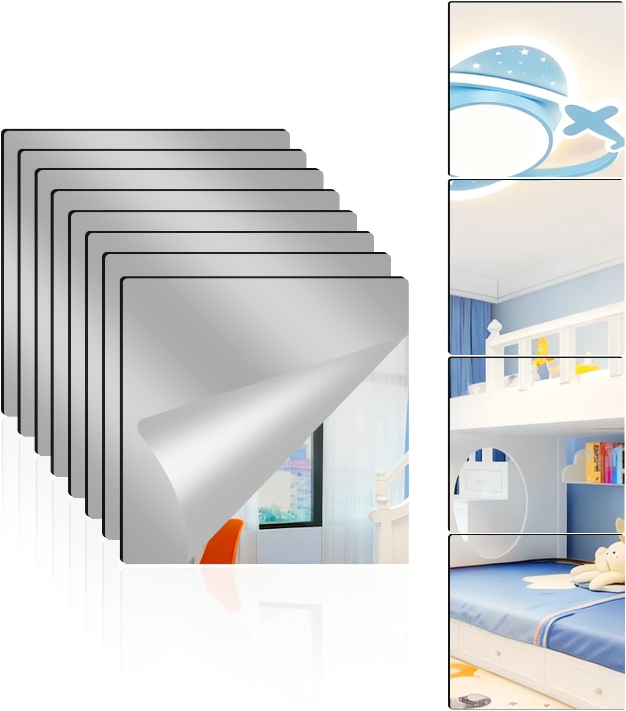 8 Pack Acrylic Mirrors for Wall,12 x 12 Inch Self Adhesive Frameless Small Mirror Tiles, Flexible Plastic Mirror Sheets for Bedroom Home Gym Door (12"X12"-8Pcs)