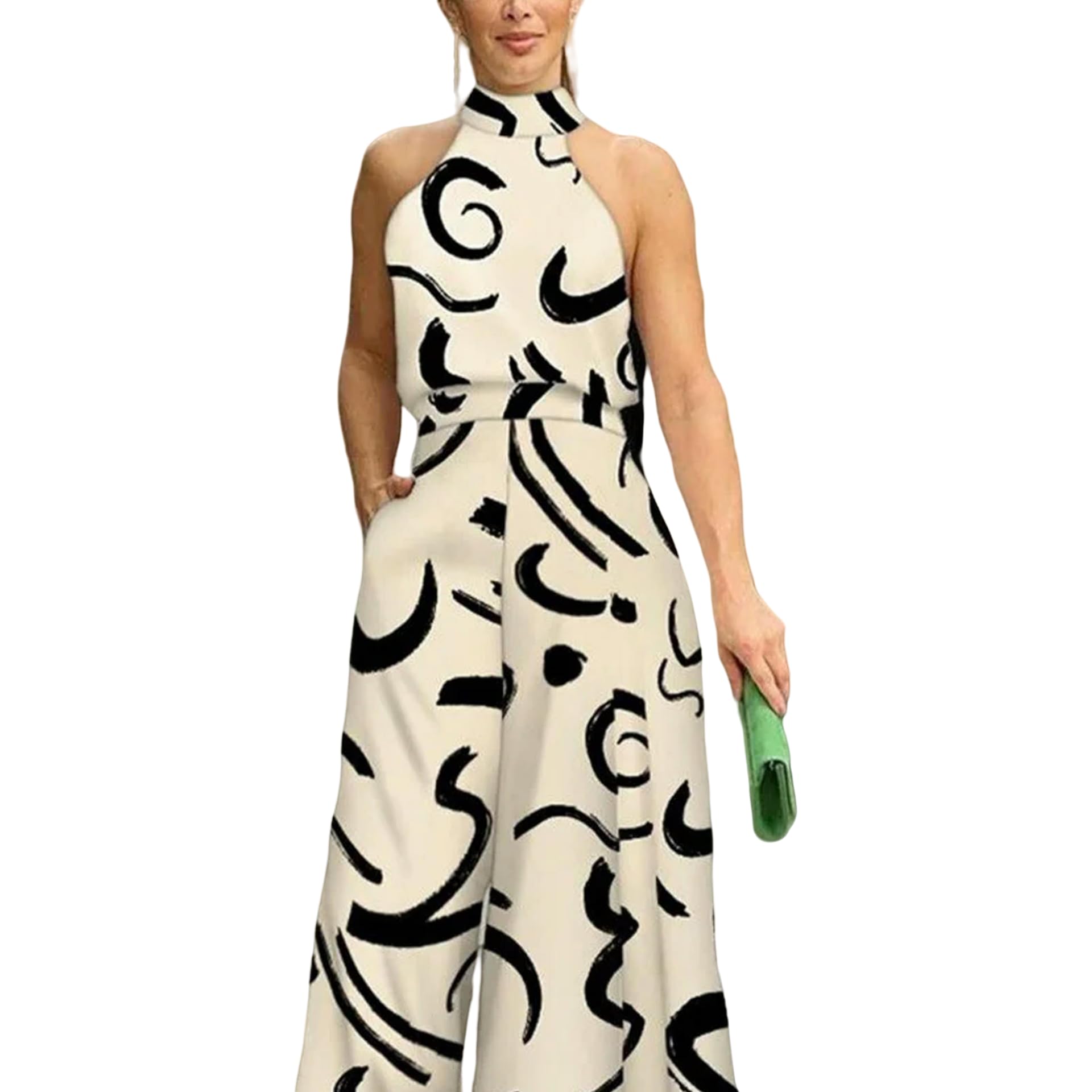 Juketron Mono elegante con estampado abstracto para Mujer, ropa de calle Chic, mono de pierna ancha, cuello Halter, ceñido al cuerpo sin mangas, saltos altos 2024