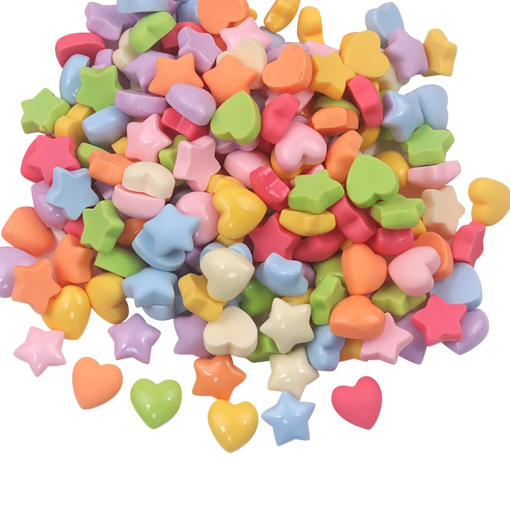FSSTUD 100 Pcs Mini Resin Hearts Stars Small Flatback Star Charms Colorful Heart Shaped Cabochons Flat Back Scrapbooking Embellishments Craft Slime Charms Jewelry Making Supplies for DIY