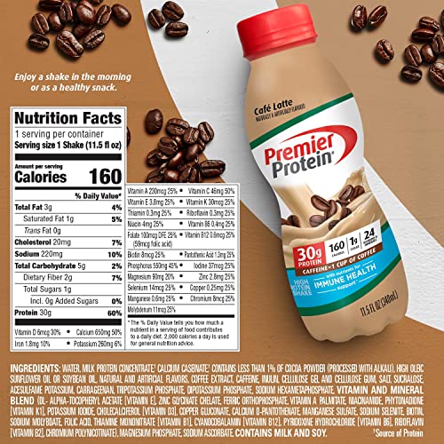 Premier Protein Shake, Café Latte, 30G Protein, 1G Sugar, 24 Vitamins & Minerals, Nutrients To Support Immune Health 11.5 Fl Oz, 12 Pack #TOP4