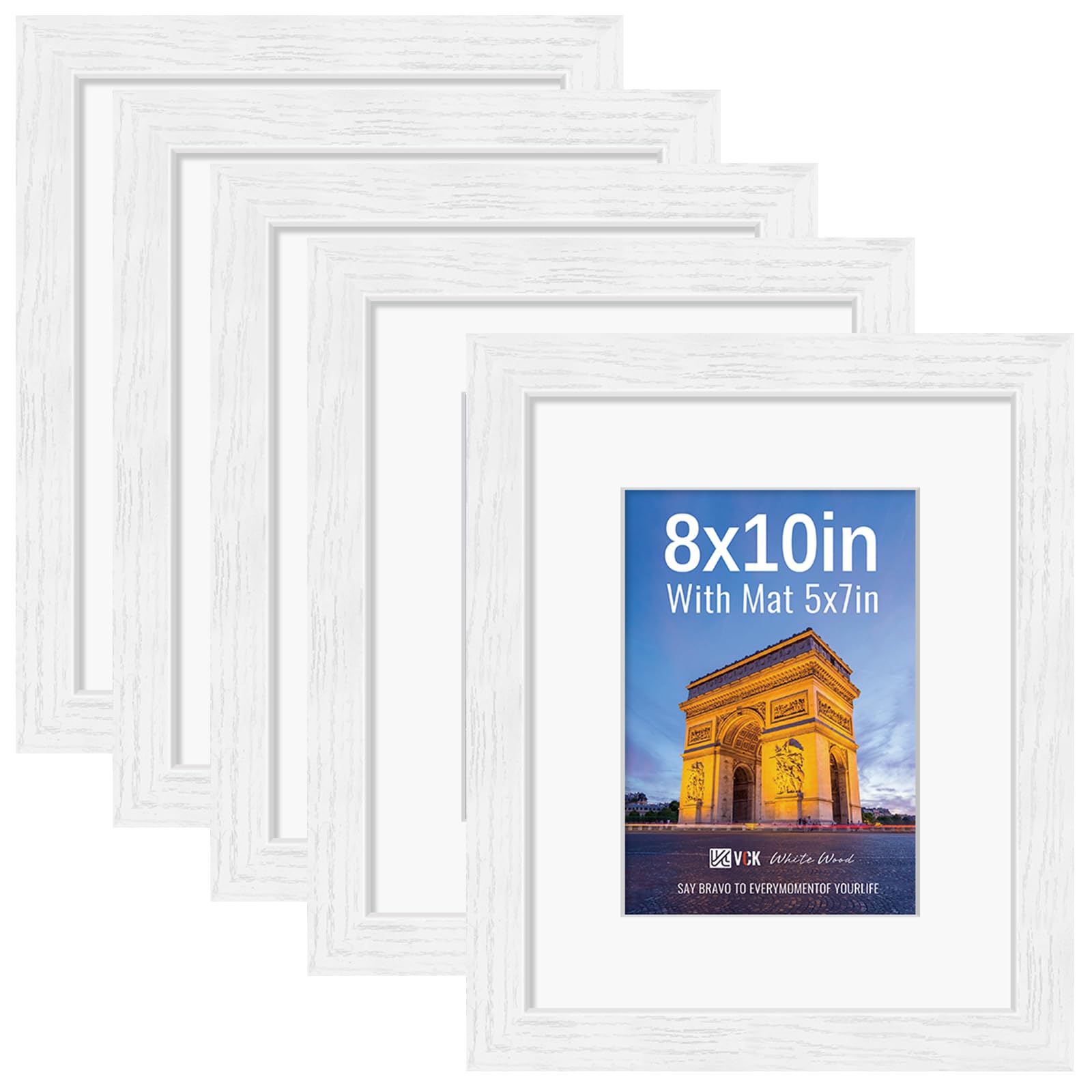 VCK 8x10 Picture Frame 5 Pack, White Exclusive Wood, HD Glass, for Photo