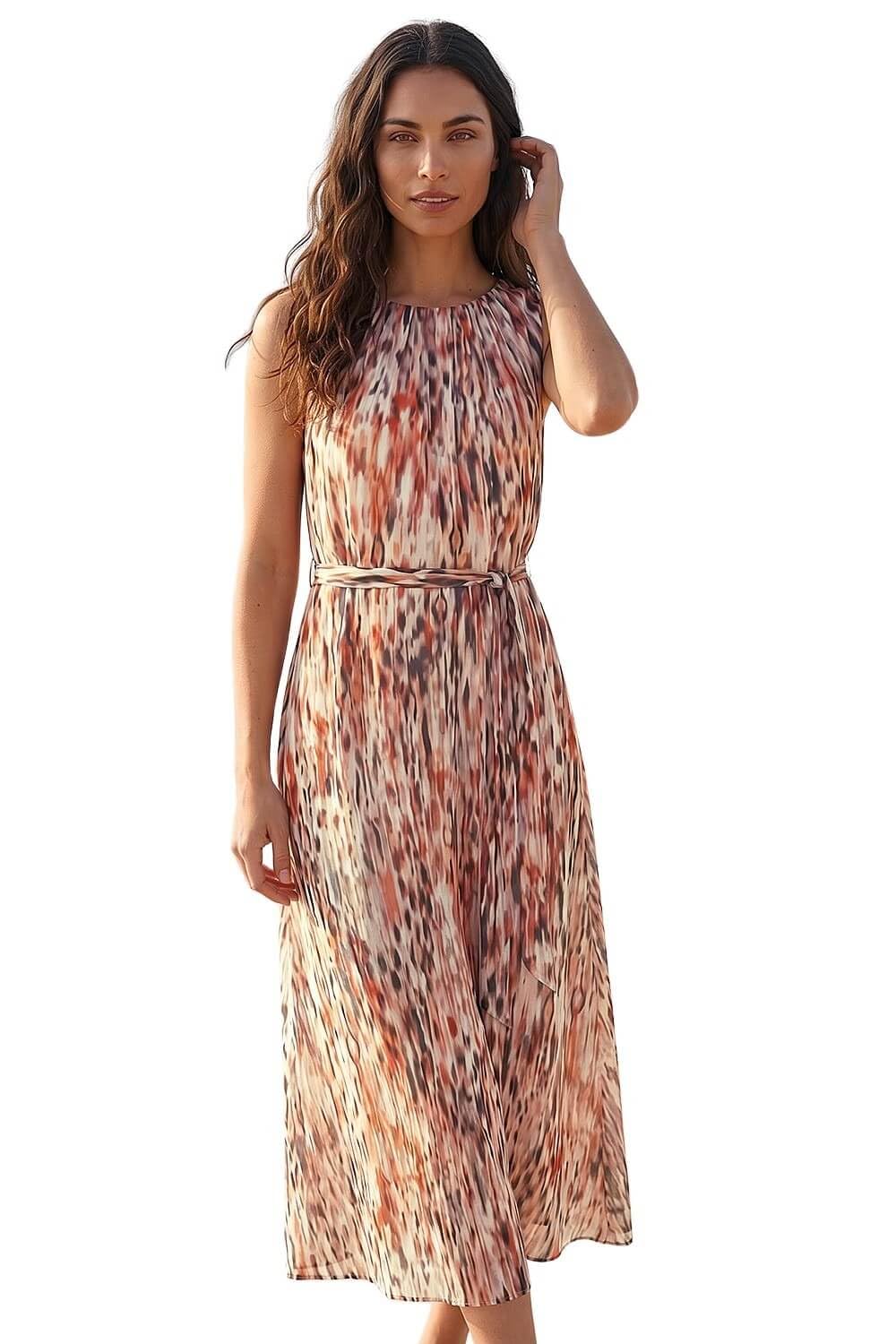 Roman Animal Print Pleated Chiffon Dress for Women UK Ladies Spring Everyday Summer Holiday Round Neckline Comfy Sleeveless Soft Fit & Flare Frock Midi Length Gowns