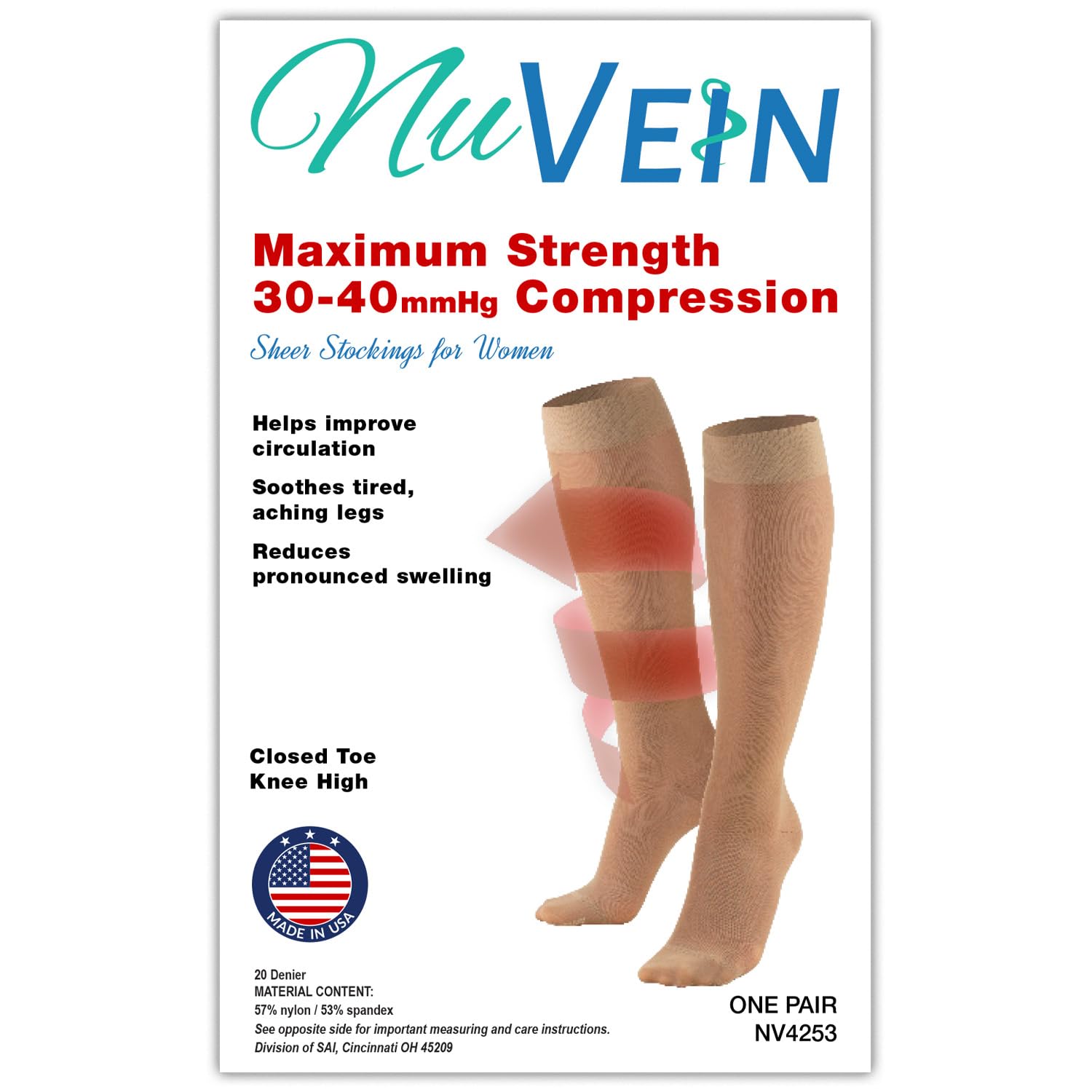 NuVein Sheer Compression Stockings, 30-40 mmHg Support, Knee Length, Closed Toe, 20 Denier, Black, X-Large