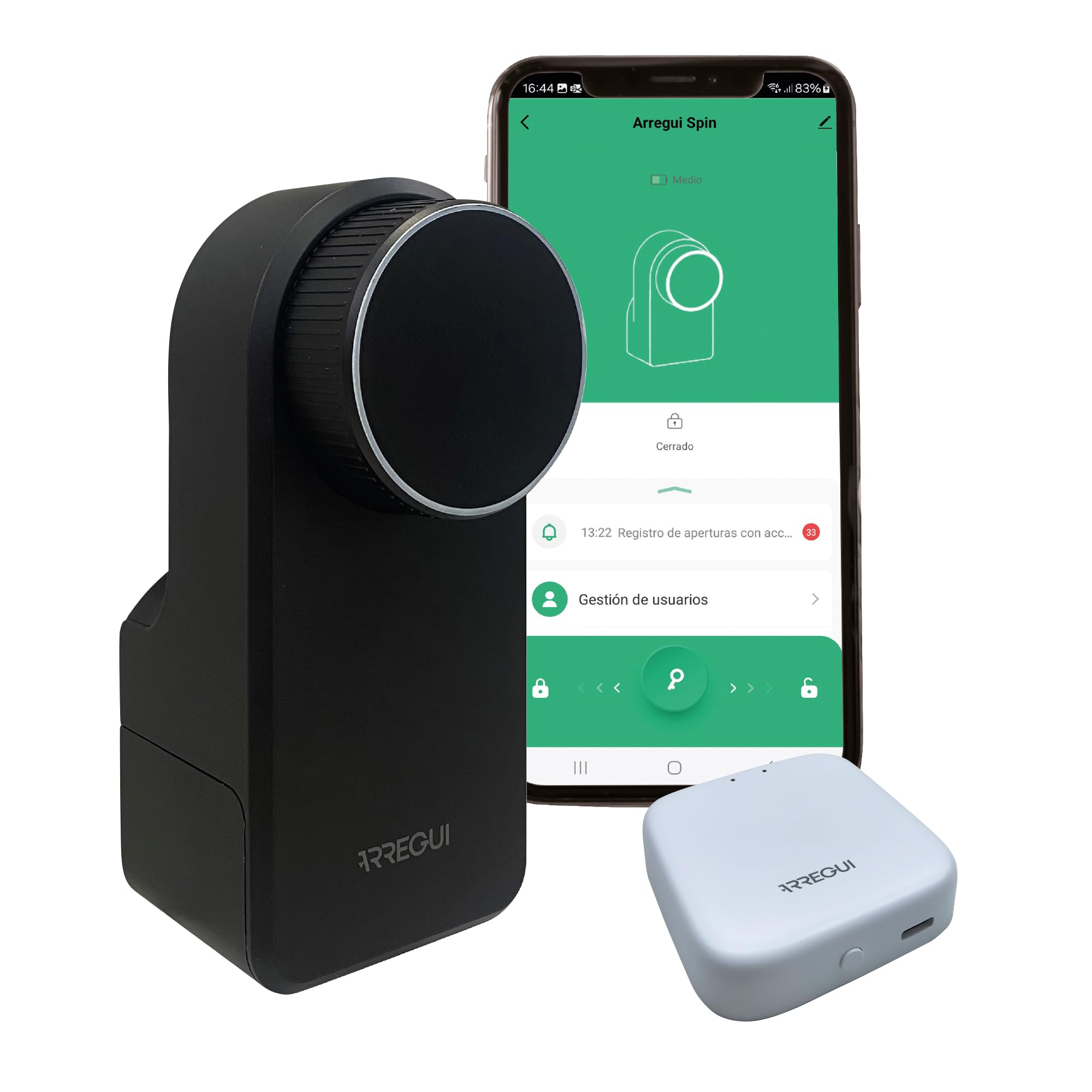 Arregui SPIN + BRIDGE – Cerradura Electrónica Inteligente con Apertura vía App, Mando y Keypad | Control desde Smartphone | Control Remoto Bridge Compatible Google y Alexa | Instalación sin Perforar