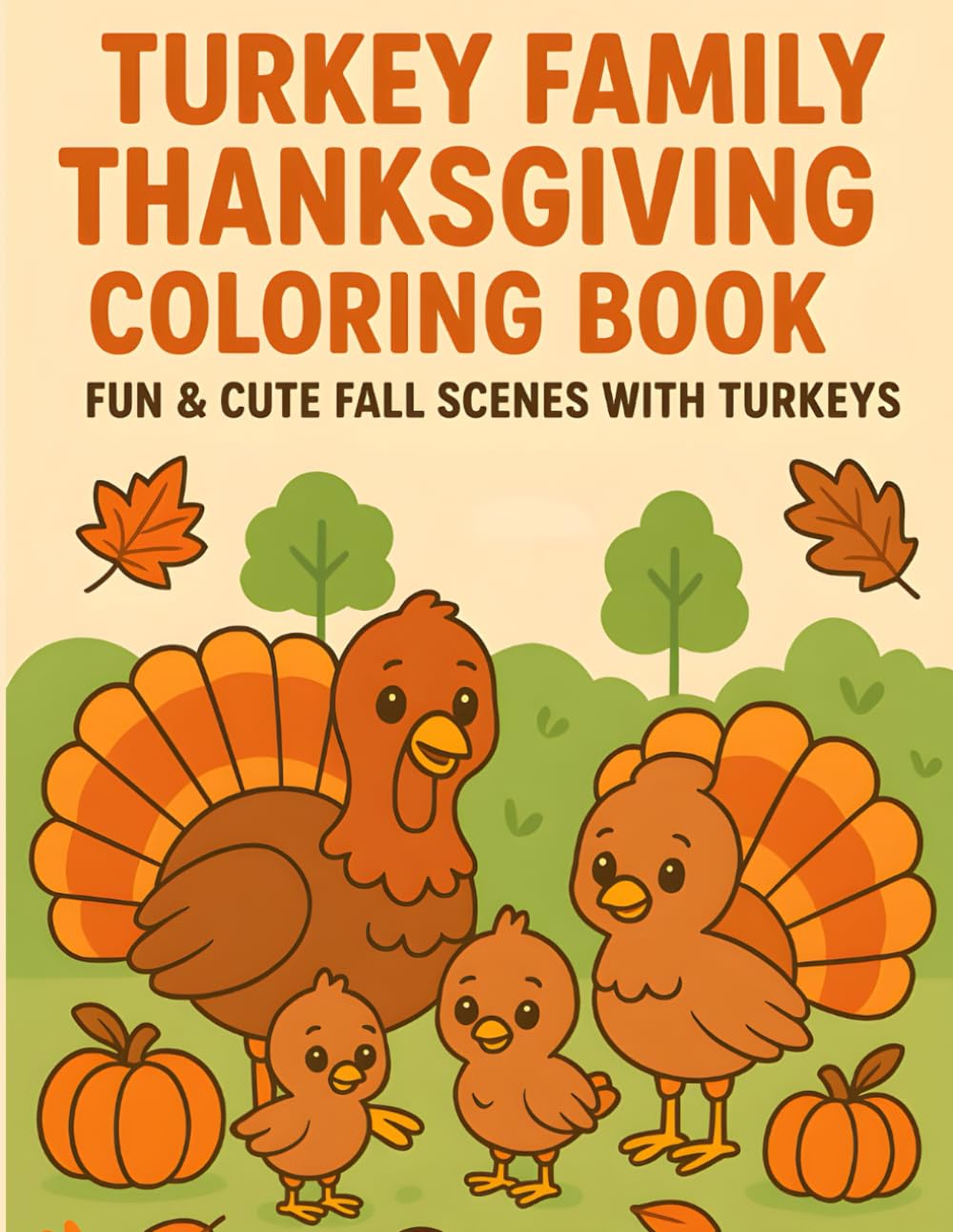 Turkey Family Thanksgiving Coloring Book – Cute Fall Scenes with Turkeys, Pumpkins & Leaves – Fun Thanksgiving Activity for Kids, Toddlers & Preschoolers