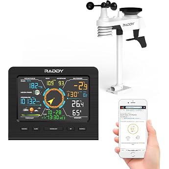 Raddy WF-100C Lite Wireless Weather Station with Outdoor Sensor 13-in-1 Professional Weather Station with App Indoor/Outdoor Thermometer Barometer Hygrometer Wind & Rain Gauge Weather Forecast for Home and Garden