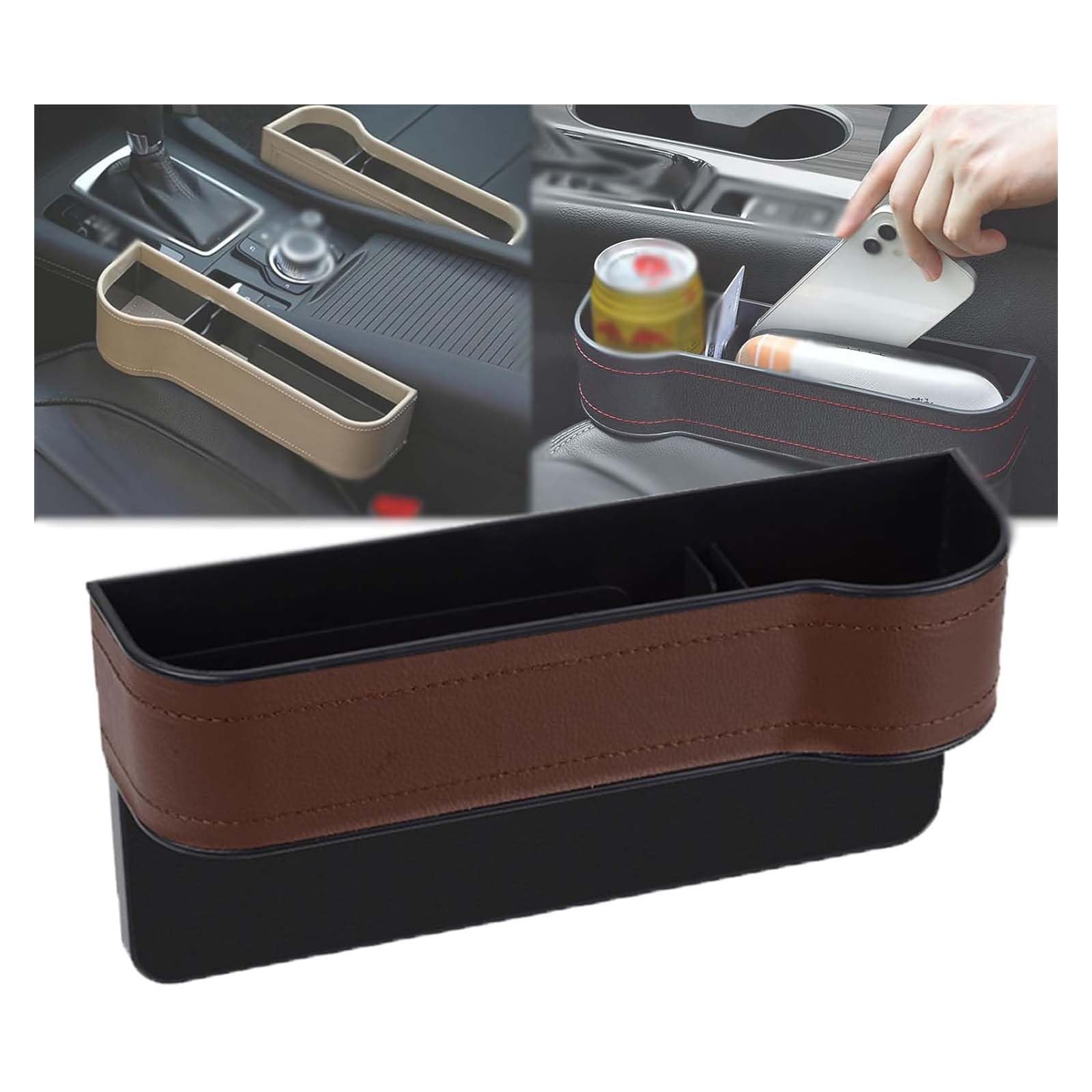 Godemmio Deliberatek Leather Multifunctional Car Seat Organizer, Presencte Leather Multifunctional Car Seat Organizer, Leather Car Seat Organizer Black, Universal Gap Storage Box (Brown, co-driver)