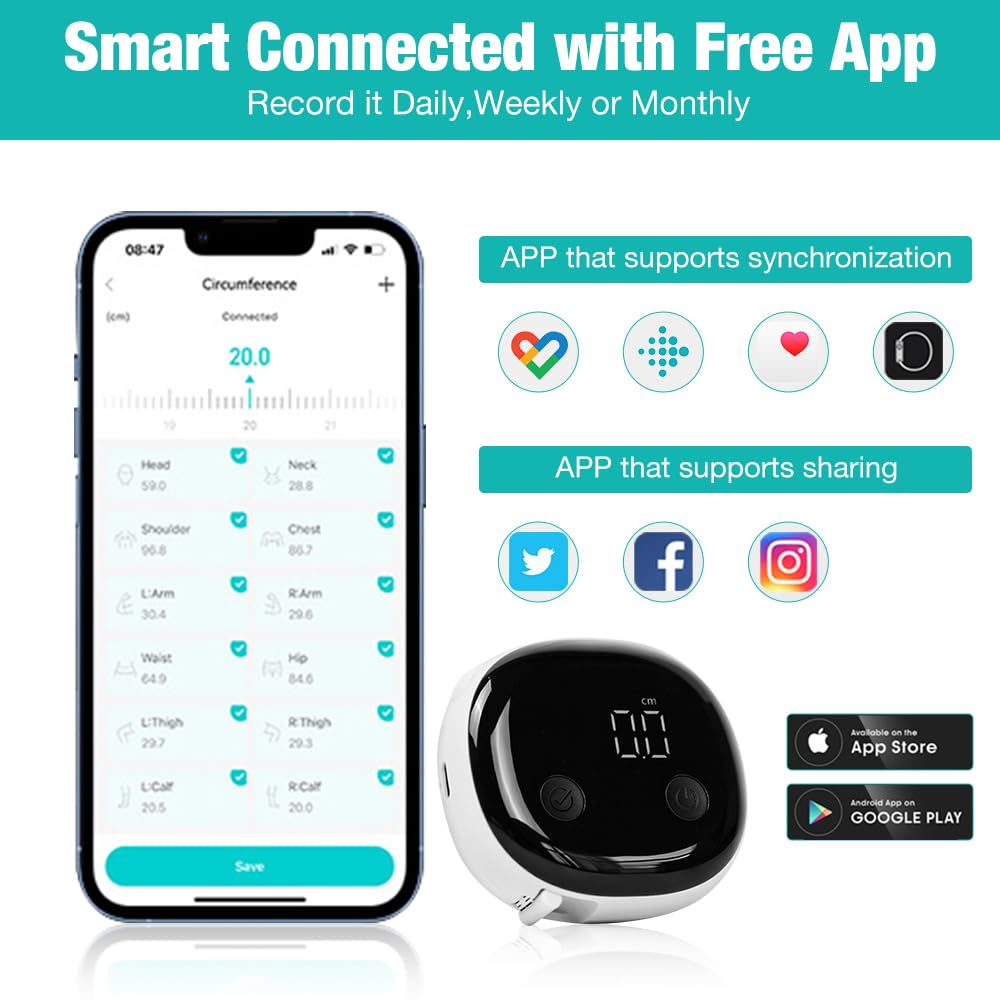 Smart Körpermaßband, Bluetooth Maßband Körper mit LED HD-Vollbildschirm & APP, Einziehbar Smart Körperumfangmaßband, Digitales Intelligentes Körpermaßband für Körpermessung, Bodybuilding