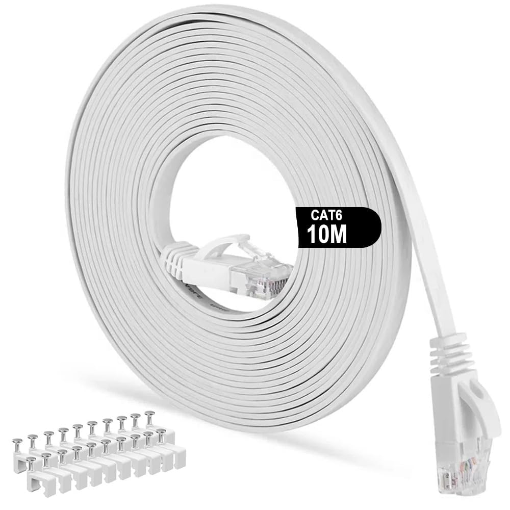 Azonee 10M Cat6 Ethernet Cable, Long Internet Cables High-Speed Patch Cord Flat Design 1Gbps for 250Mhz/s UTP for Console, for PS3, PS4, PS5, Switch, Router, Modem, Patch Panel, PC, TV, Home Office