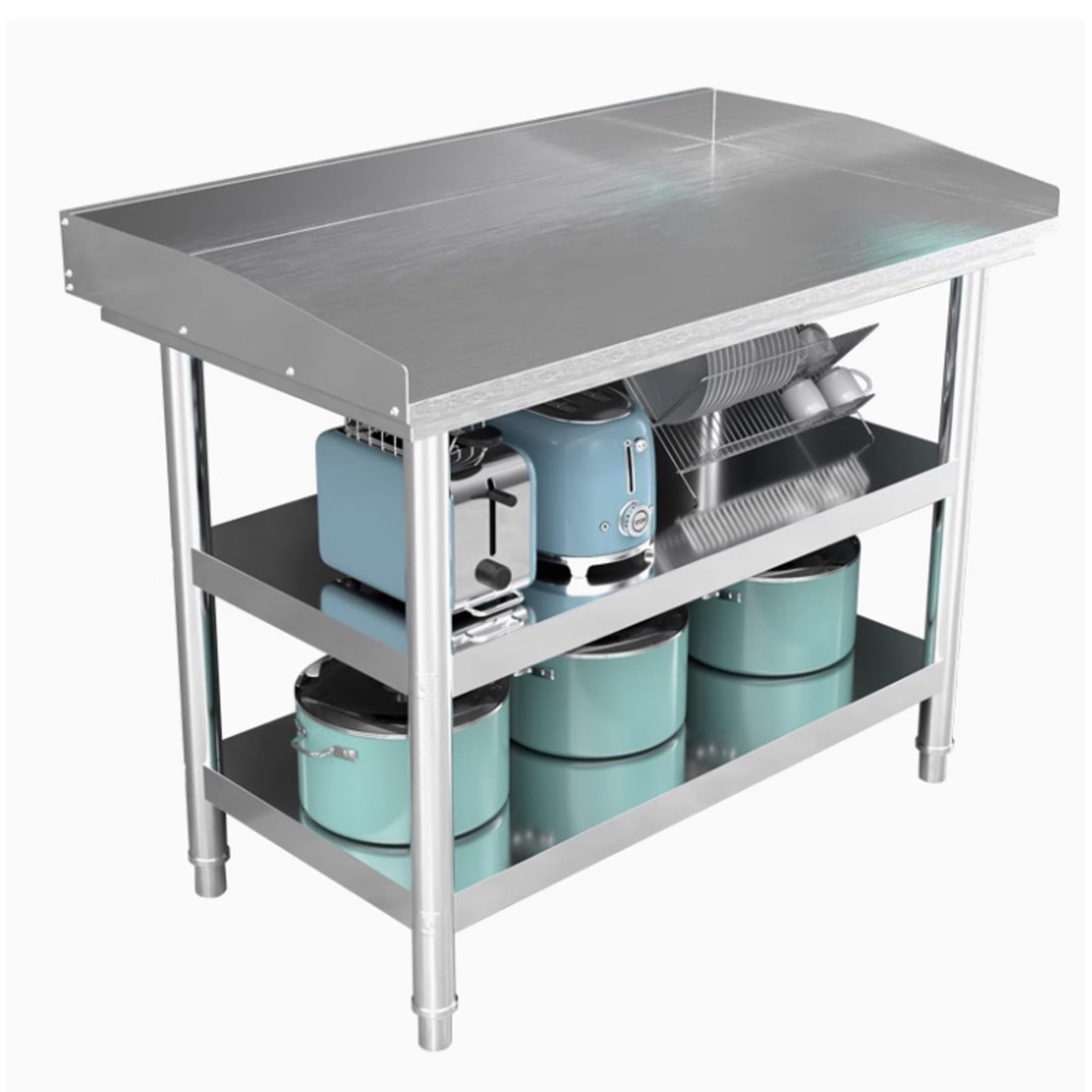 Mesa de trabajo de acero inoxidable, mesa de preparación de cocina comercial con protector contra salpicaduras y patas ajustables, ideal para restaurantes, hogares y hoteles, 100 x 50 cm