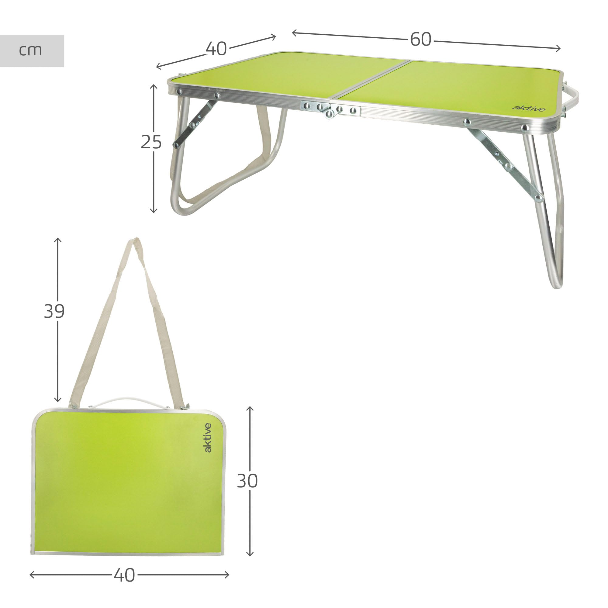 AKTIVE Tavolo da spiaggia pieghevole, Tavolo da spiaggia basso, 60x40x25 cm, verde, struttura in metallo, piano in legno, piccolo tavolo da campeggio pieghevole, blocco di sicurezza, Campeggio