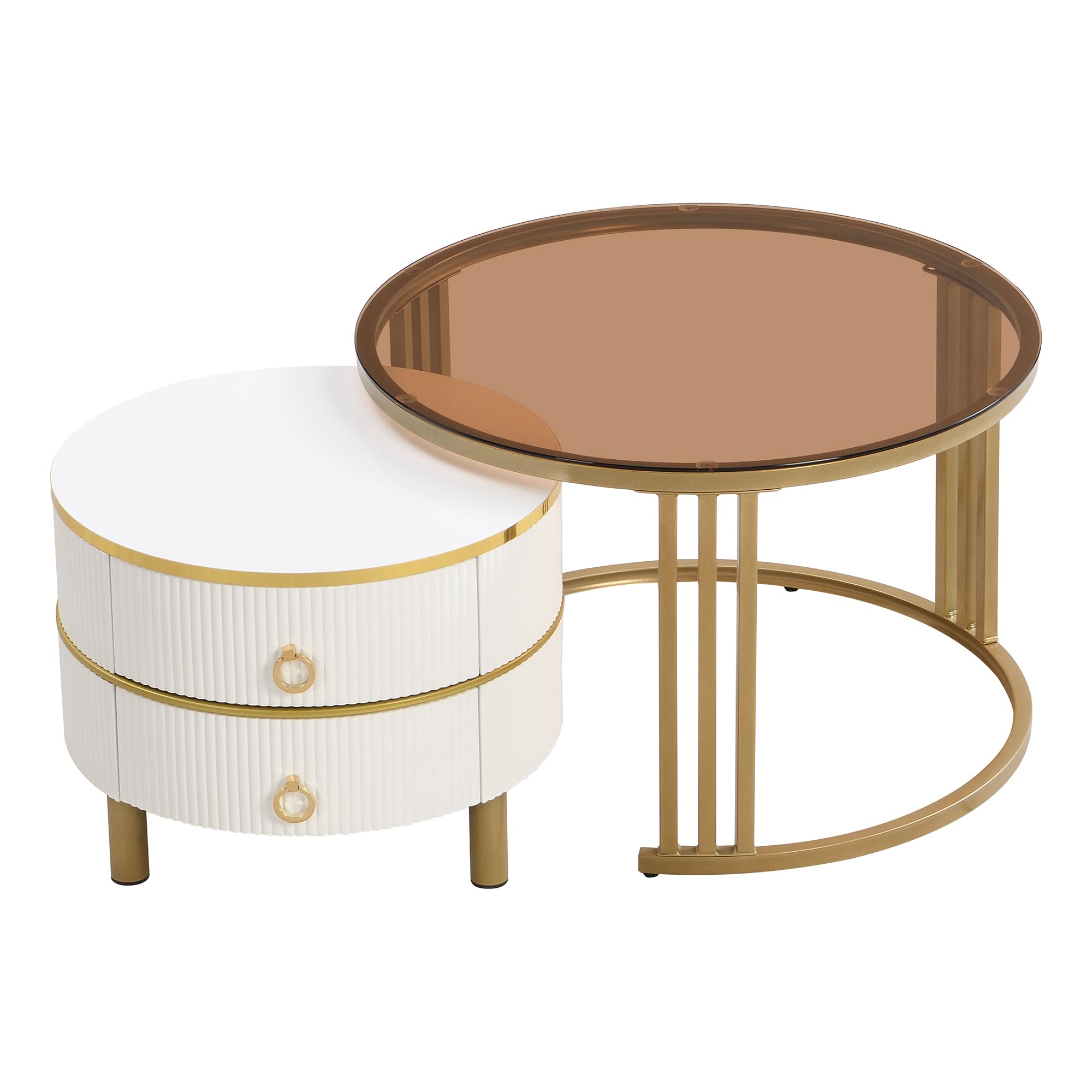Tavolino tondo da salotto base colore noce piano in vetro trasparente – Colly Shop