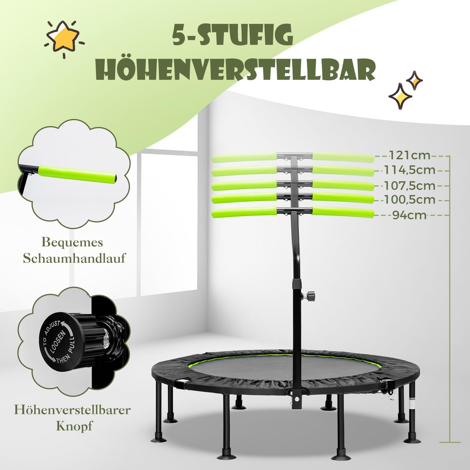 COSTWAY φ117cm Mini Trampolin faltbar, Fitness Trampolin mit höhenverstellbarem Griff, Kindertrampolin Gartentrampolin Indoor- und Outdoor für Erwachsene und Kinder, 100 kg Belastbar