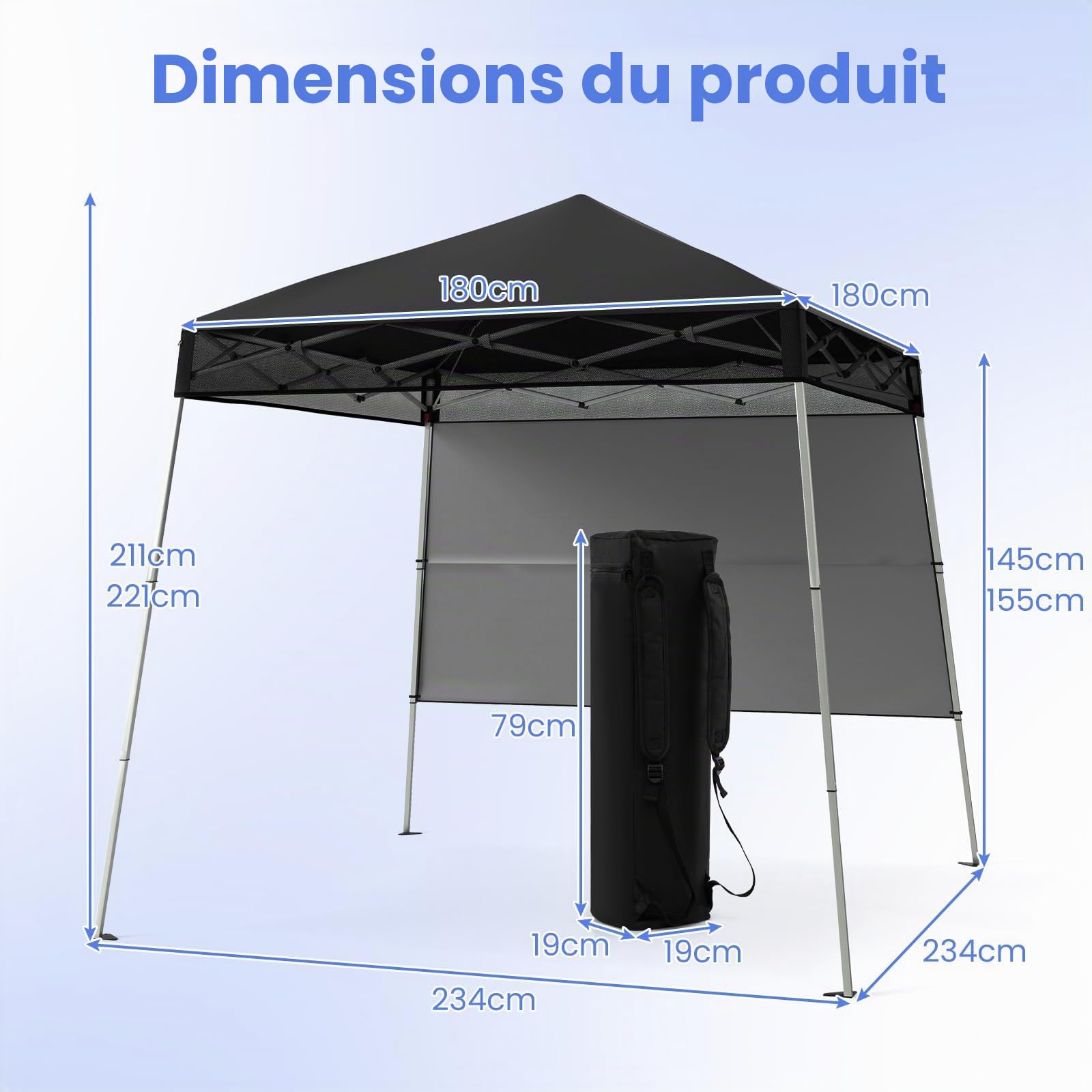 FANTASK Tonnelle Pop-up - Réglable en Hauteur - Imperméable et résistante à l'hiver - avec paroi latérale et Crochets de Sol - pour Jardin, fête - Noir