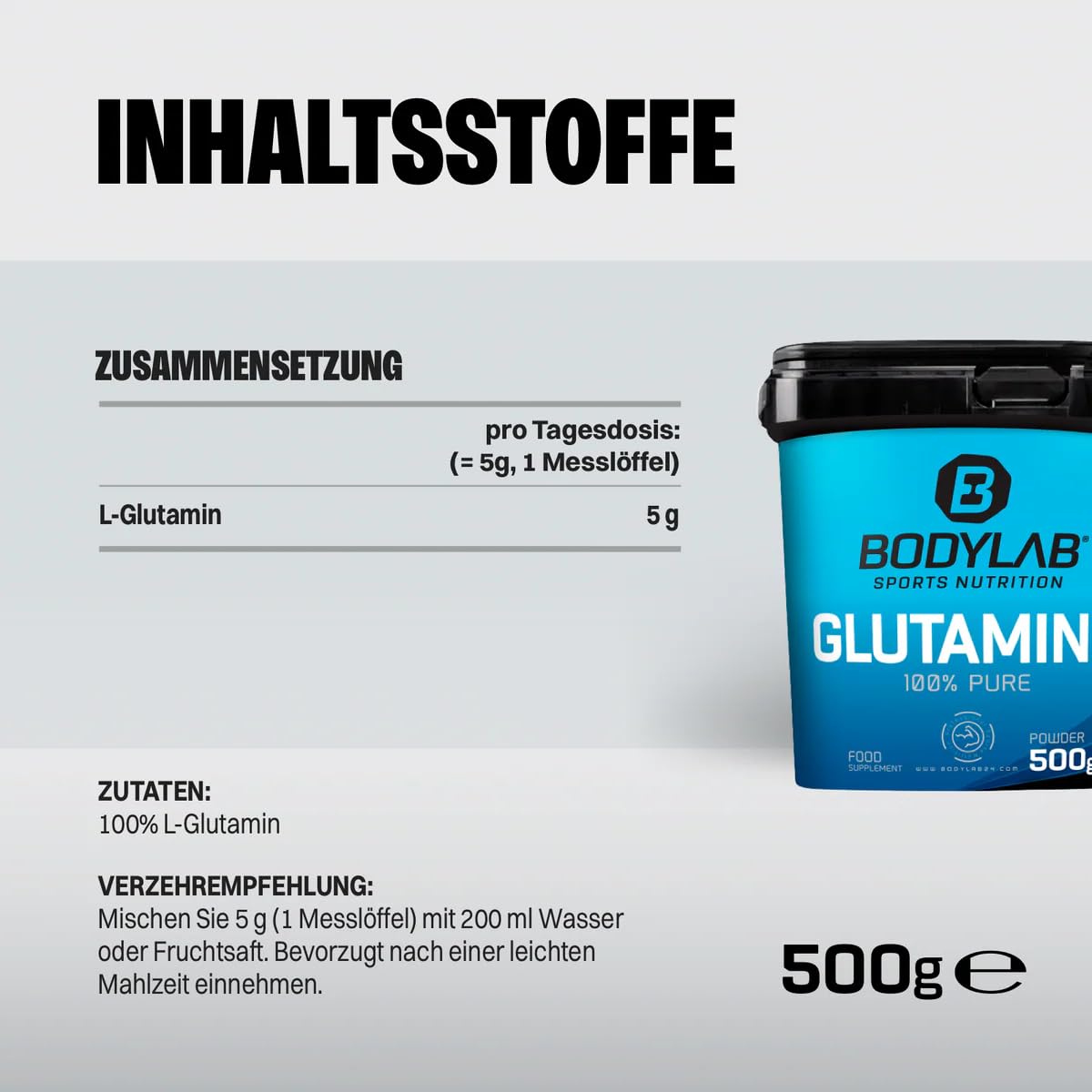 Bodylab24 Glutamin Powder 500g, je Portion 5g 100% reines geschmacksneutrales L-2-Aminoglutarsäure Pulver, Glutamine kann die Regenerationsprozesse unterstützen, ideal für Kraft- und Ausdauersportler