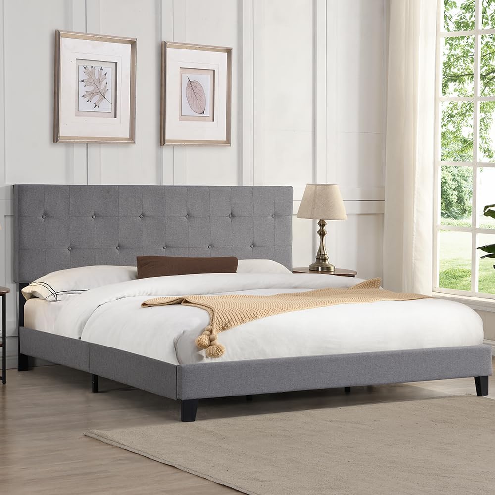 King Size Linen Upholstered Platform Bed with Height Headboard and Durable Wooden Slats, Metal Frame Tufted Platform Bed, No Box Spring Required and Easy to Assemble,(Gray)