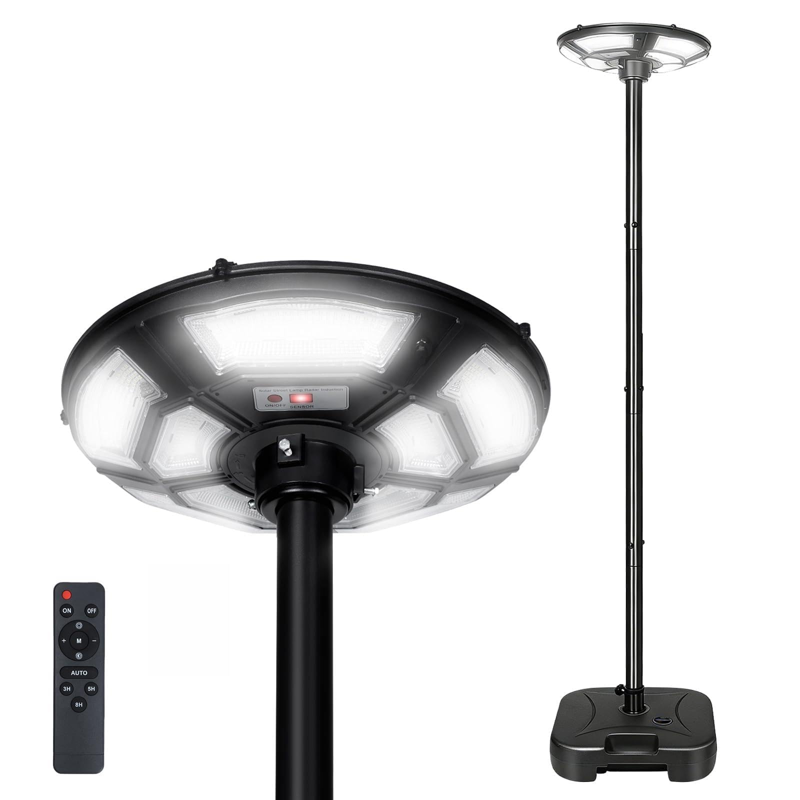 Solar Straßenlaterne Außen Stehend, Solarlampe für Garten mit Fuß und Lichtmast, 750 LED Solarstraßenleuchte Bewegungsmelder Lichtsensor, 6500K für Garten, Hof, Weg, Terrasse - H200cm