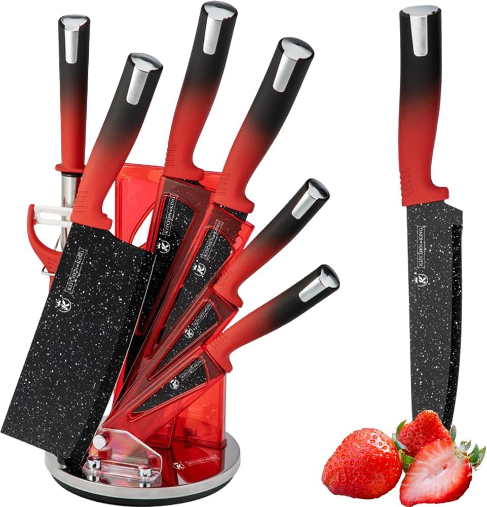 Kitchen Knife Set, 8PCS Stainless Steel knife sets for kitchen with block, With Knife Sharpeners, Sharp, Non-Slip, Chef Knife, Peel Cutter, Etc, Gifts for Women, Men (red)