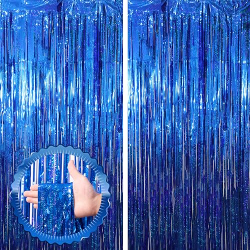 Image of Voircoloria 2 Pack Blue Tinsel Foil Fringe Curtains, Blue Party Decorations, Metallic Tinsel Party Streamers Backdrop for Birthday Baby Shower Graduation Wedding Anniversary Party Decorations