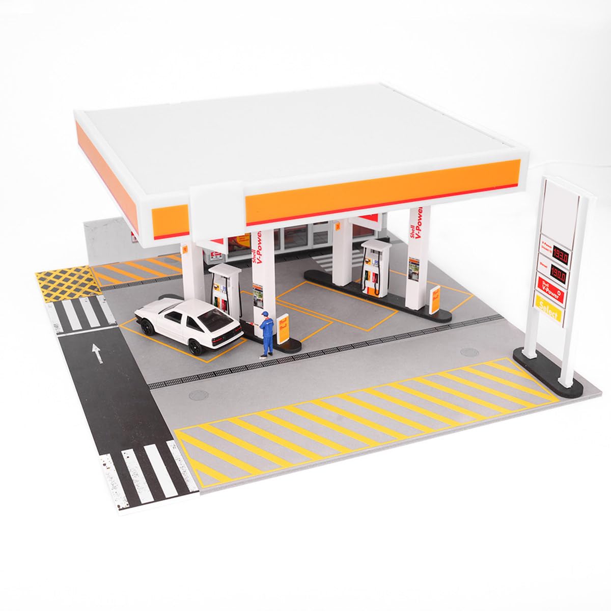 BuildCubes Maßstab 1/64 Shelll Tankstelle Modell, DIY Minihaus Diorama Tankstelle Gebäude Szene, Sammlerstück Geschenk für Enthusiasten, Fahrzeuge Figuren Werkzeuge nicht enthalten