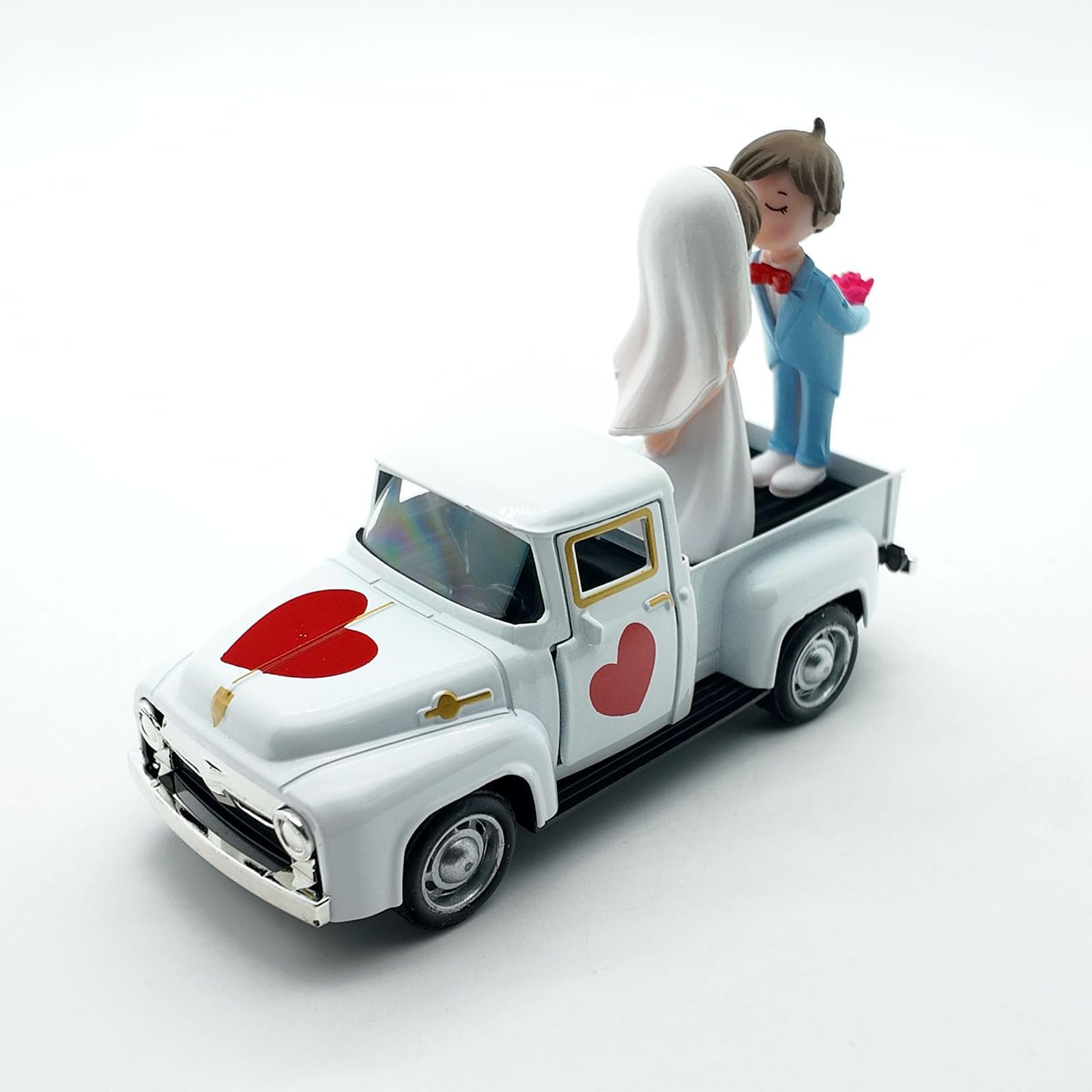 Modellino di camion pickup retrò con porta apribile, statuette di sposa e sposo, anniversario di matrimonio, coppie, regalo, decorazione per matrimonio