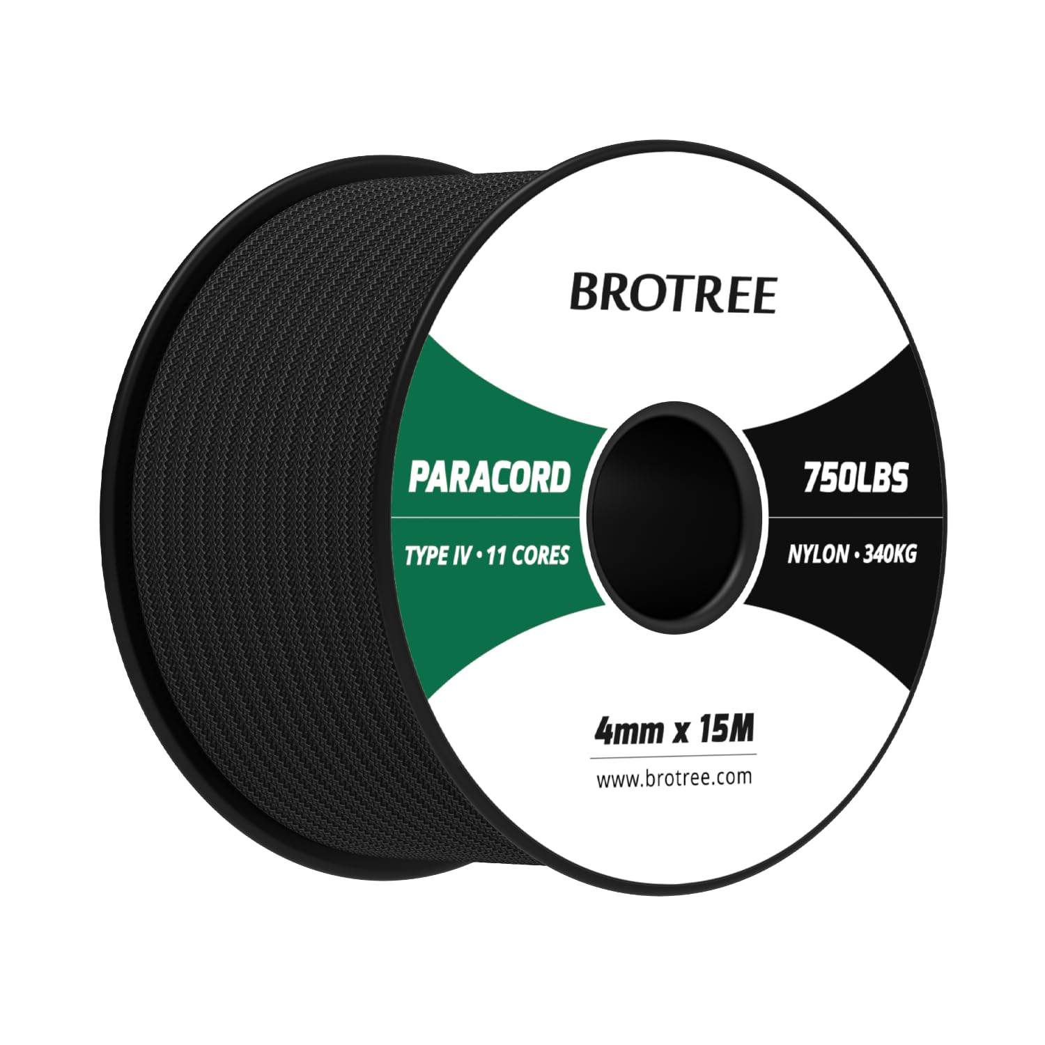 Brotree Black Paracord 4Mm 15M 100% Nylon Rope 11 Strands 750Lb Parachute Cord Type Iv For Survival, Outdoor And Diy - 340Kg Breaking Load (Black)