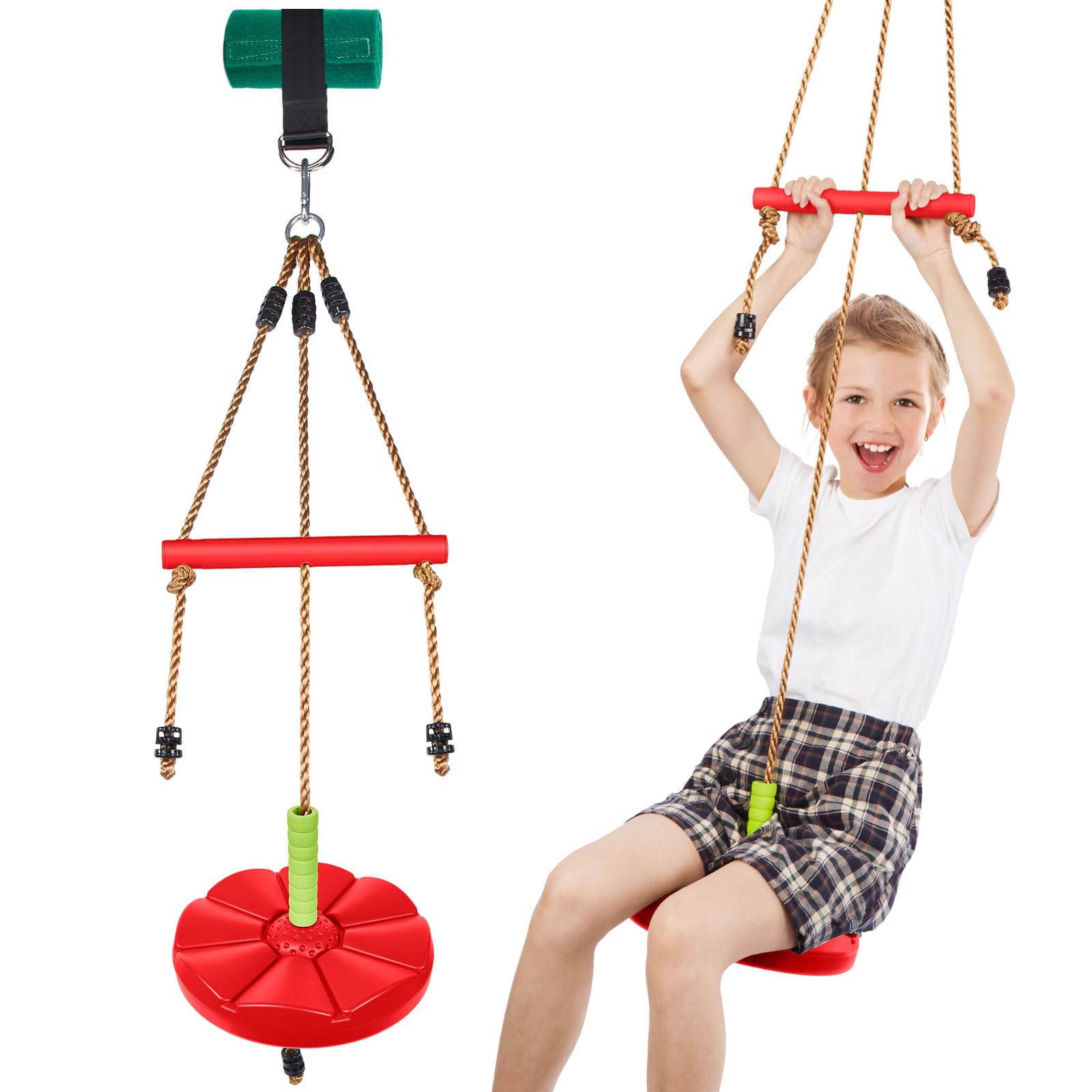 AGPTEK Disc Swing with Monkey Bars, Tree Swing Set Accessories Rope Disk Swing Seat with Carabiner and 22in Hanging Strap Heavy Duty Swingset for Zipline Outdoor Playground, Jungle & Gym (Red)